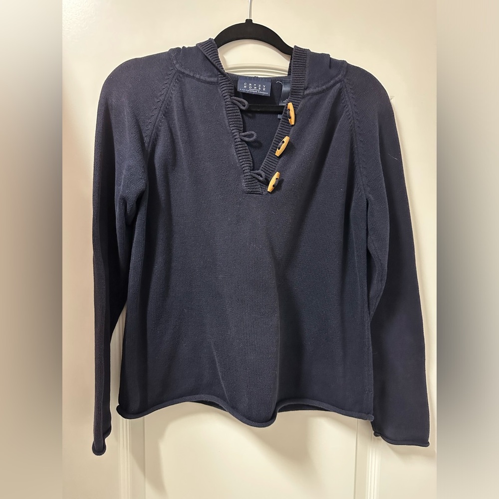 Vintage 90’s Y2K Crazy Horse Navy Sweater with Wooden Buttons Womens Size Medium